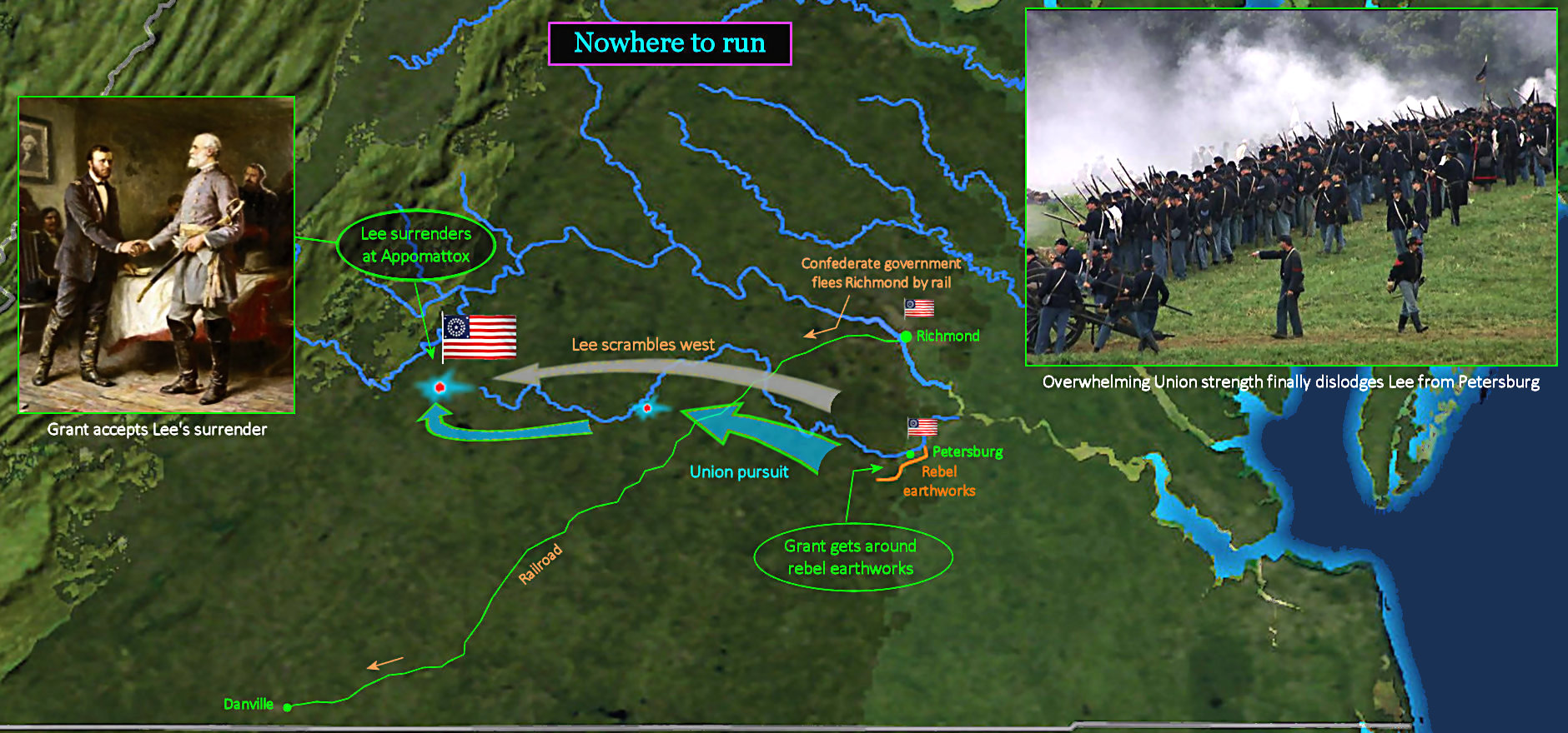 Lee surrenders at Appomattox, 1865 map